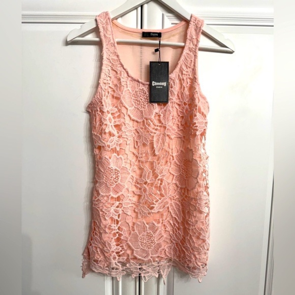 NWT Ciminy Womens Size Medium Pink Tank Top with Pink LaceEmbroidery Overlay